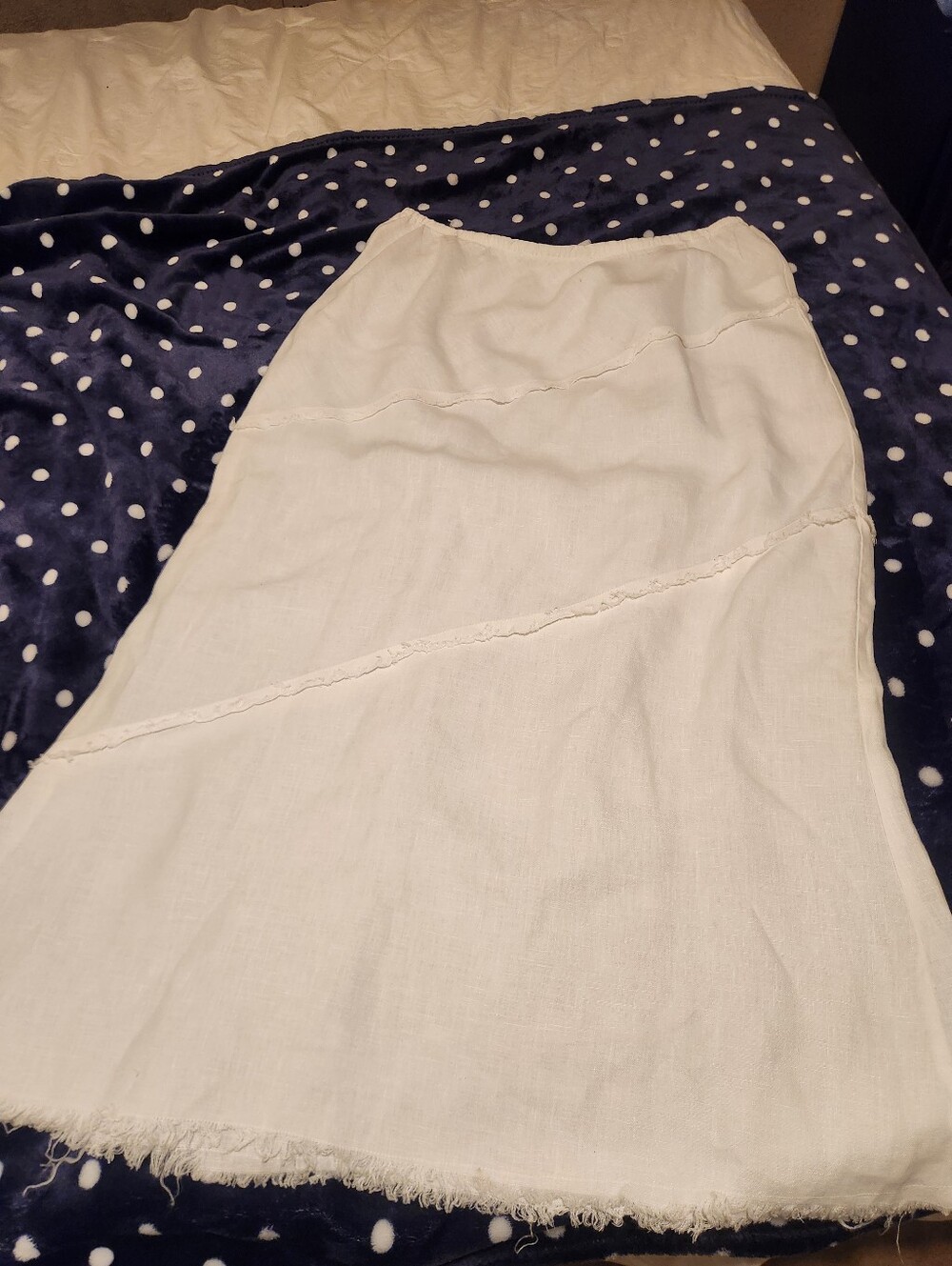 Cut loose White Linen Maxi Skirt with Frayed Diagonal Seams Sz Large